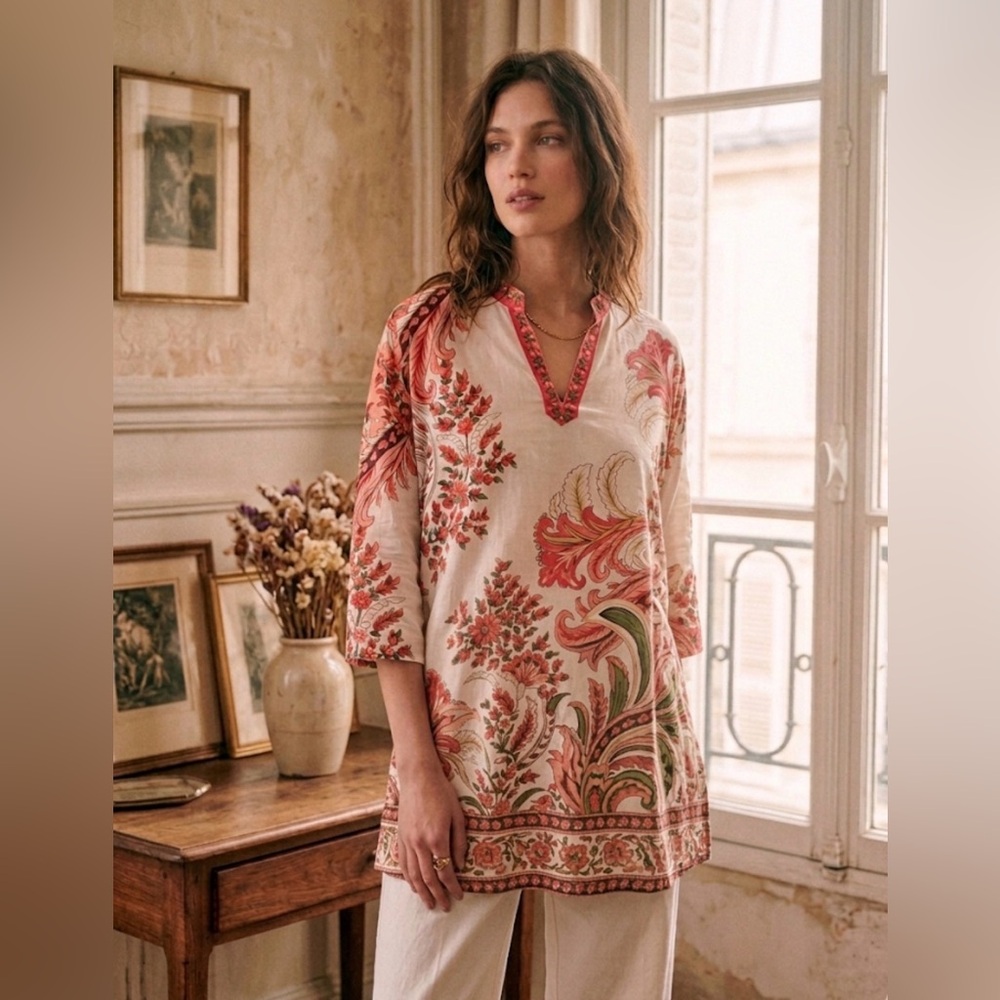 NWT Ethnic Cotton-Blend Floral Tunic – French Chic Boho Blouse, Size S